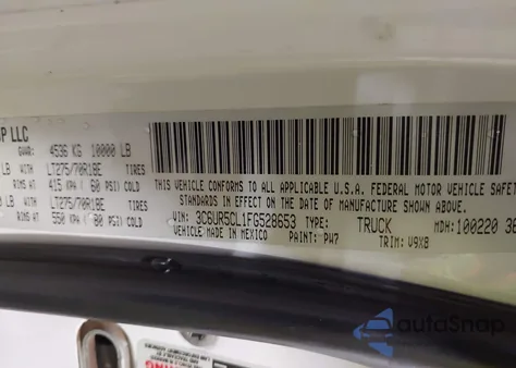 2015 Ram 2500 Tradesman z USA, uszkodzony, nr VIN 3C6UR5CL1FG528653